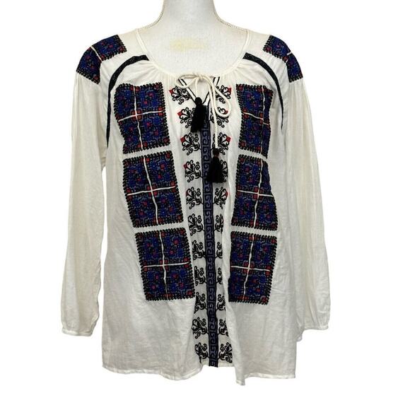 Roller Rabbit embroidered peasant top, blue/cream, large, bohemian, hippie - Picture 1 of 7